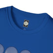 Close-up of blue cotton t-shirt collar with artistic label and circular graphic design