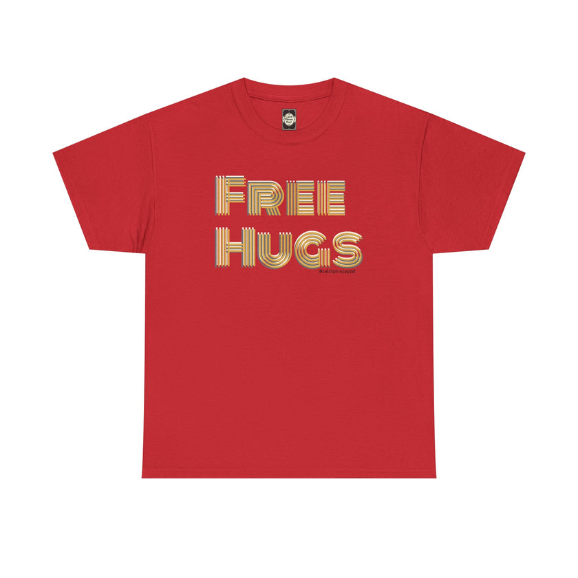 Free Hugs Tee | Retro Gold Stripe Text, Casual Comfort Shirt Smile Everyone