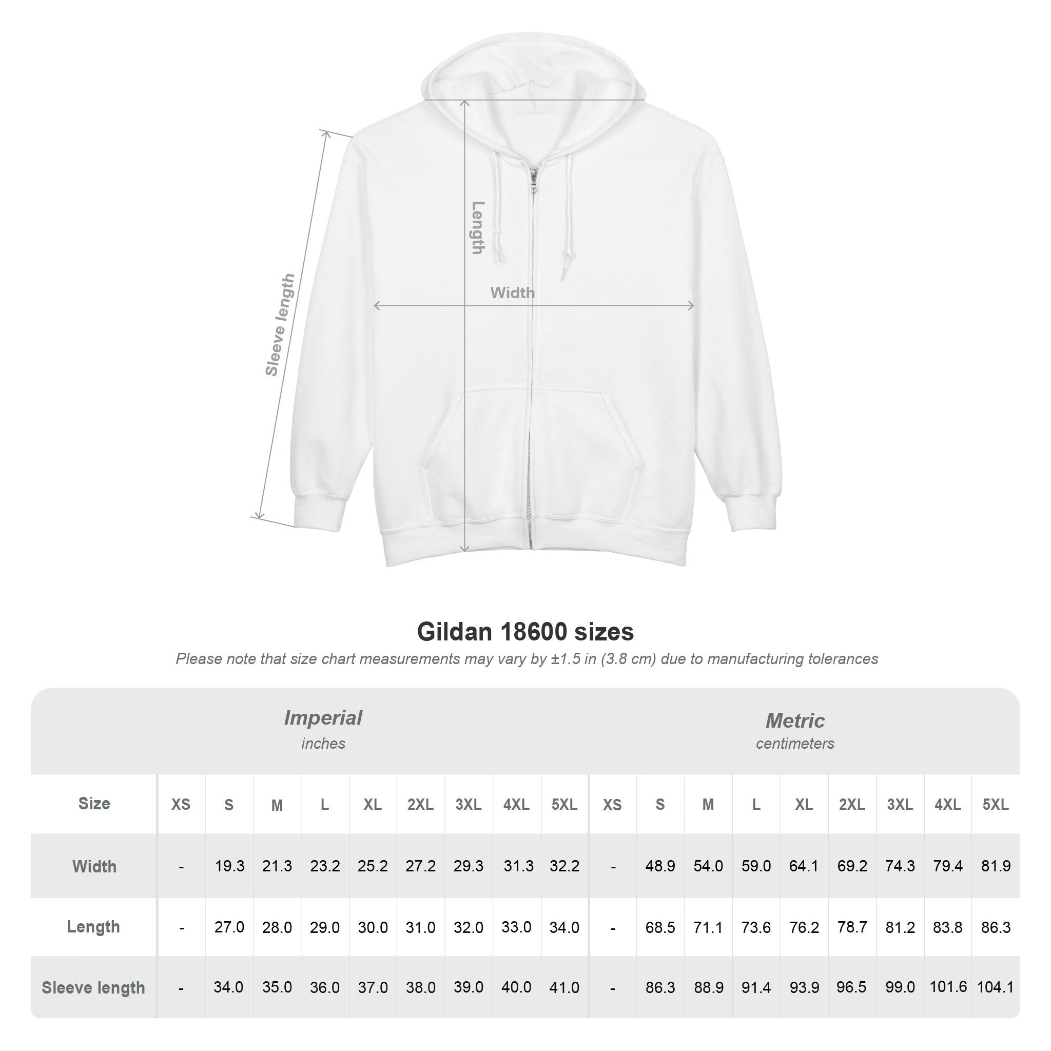 Gildan 18600 hoodie size chart with measurements in inches and centimeters, white zip-up hoodie diagram