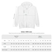 Gildan 18600 hoodie size chart with measurements in inches and centimeters, white zip-up hoodie diagram