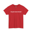 Red t-shirt with bold white 'de-part-men-tal-ized' text, creative affirmation apparel
