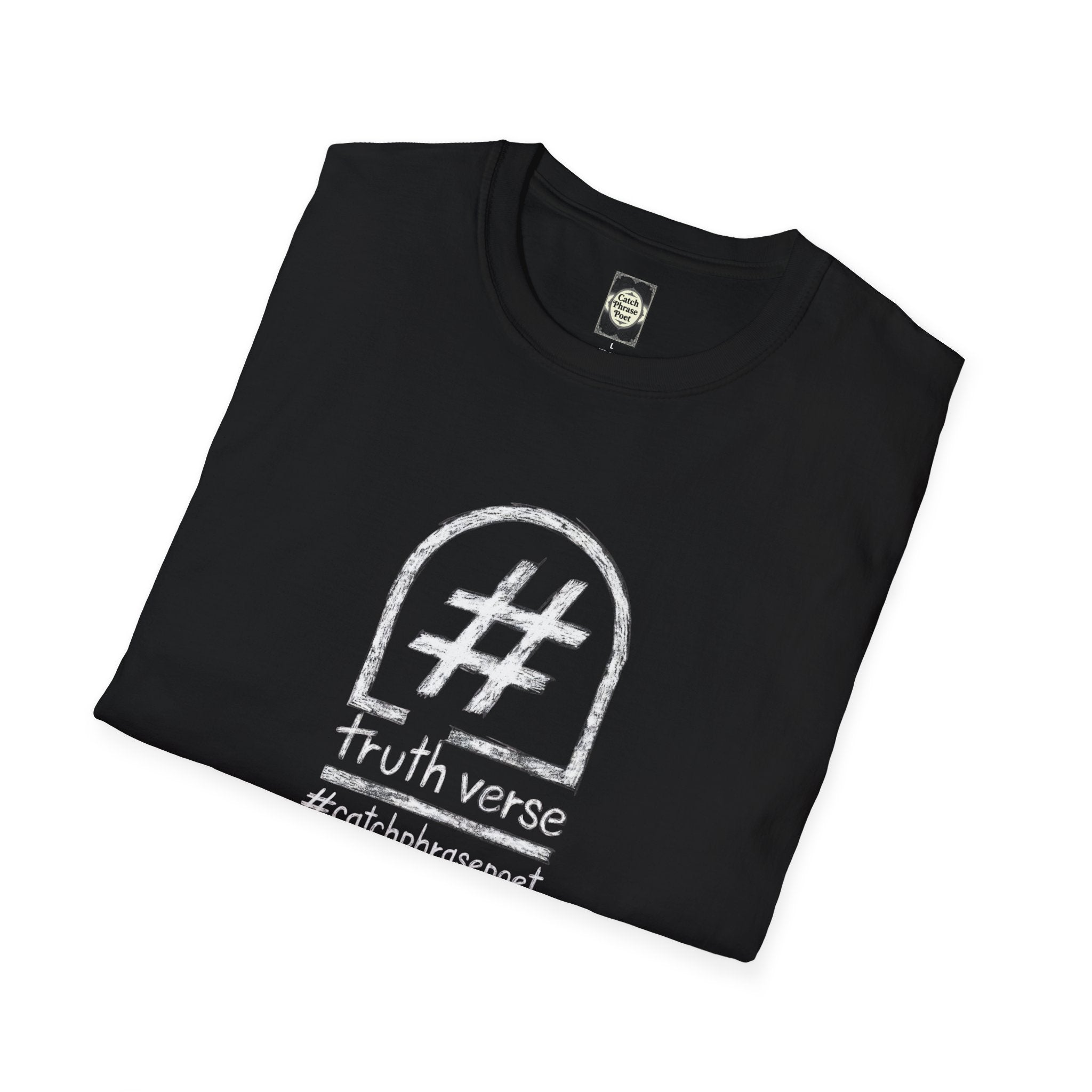 Folded black t-shirt with white hashtag graphic and 'truth verse' text, minimalist style