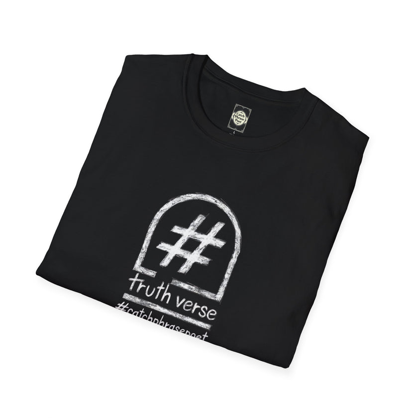Folded black t-shirt with white hashtag graphic and 'truth verse' text, minimalist style