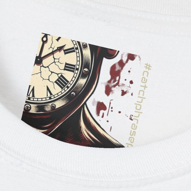 White t-shirt with a graphic of a clock and the word 'Clock' on a white background