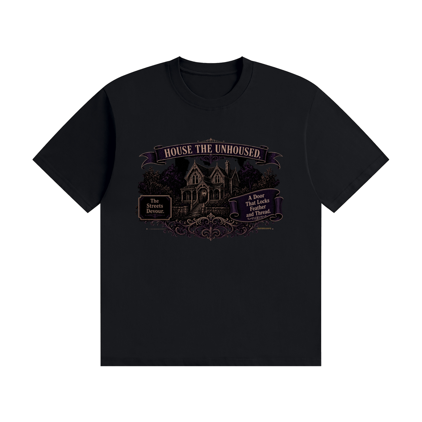 'House the Unhoused' homeless advocacy statement tee, front view — Catch Phrase Poet