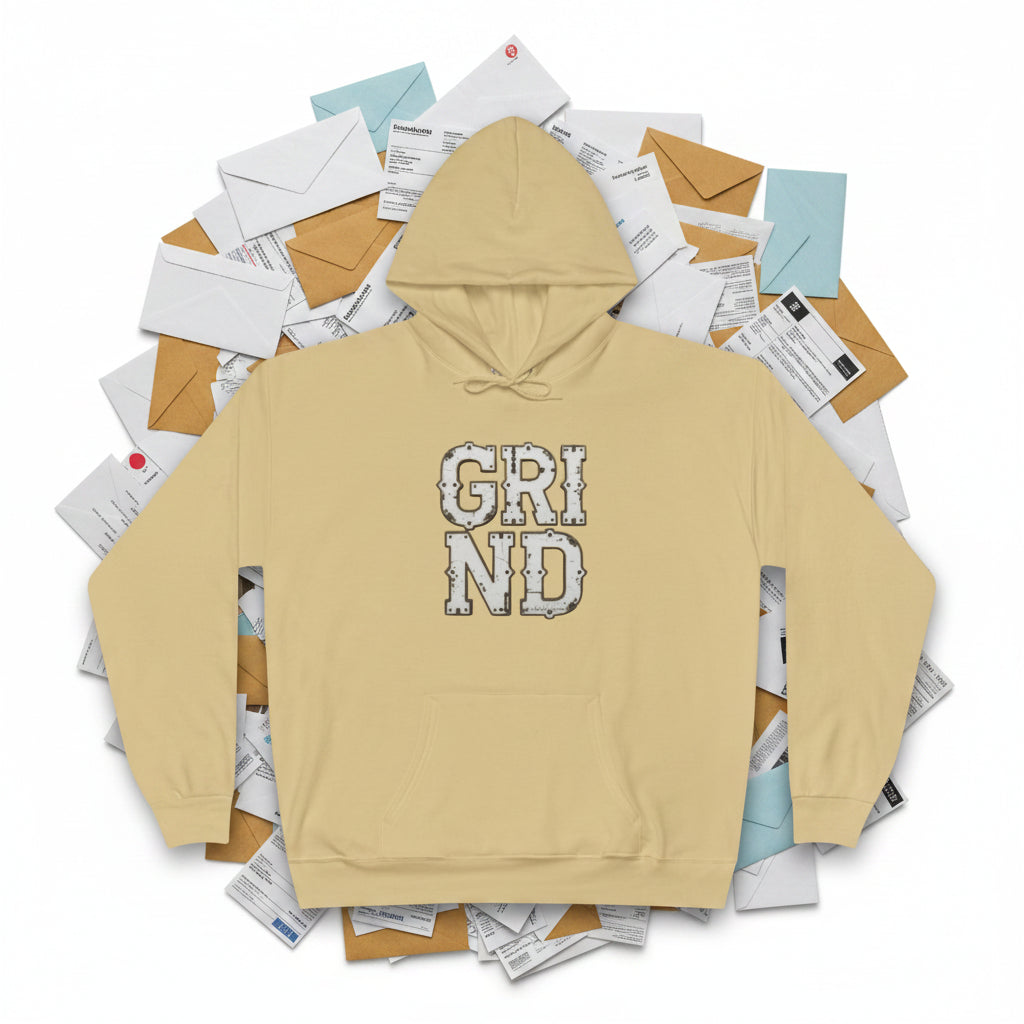 Beige hoodie with 'GRIND' text on a white background