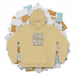 Beige hoodie with 'GRIND' text on a white background