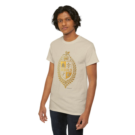 Man wearing beige t-shirt with gold laurel crest and 'Rebuild' affirmation graphic