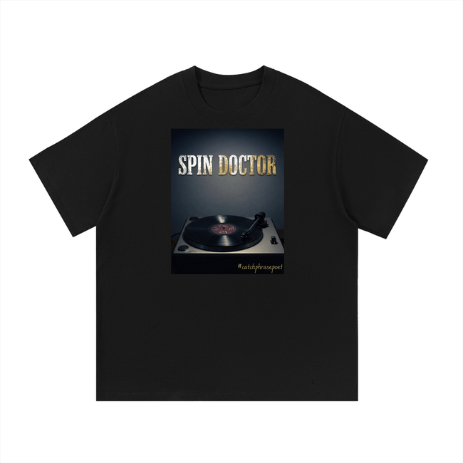 Black t-shirt with 'Spin Doctor' graphic on a white background