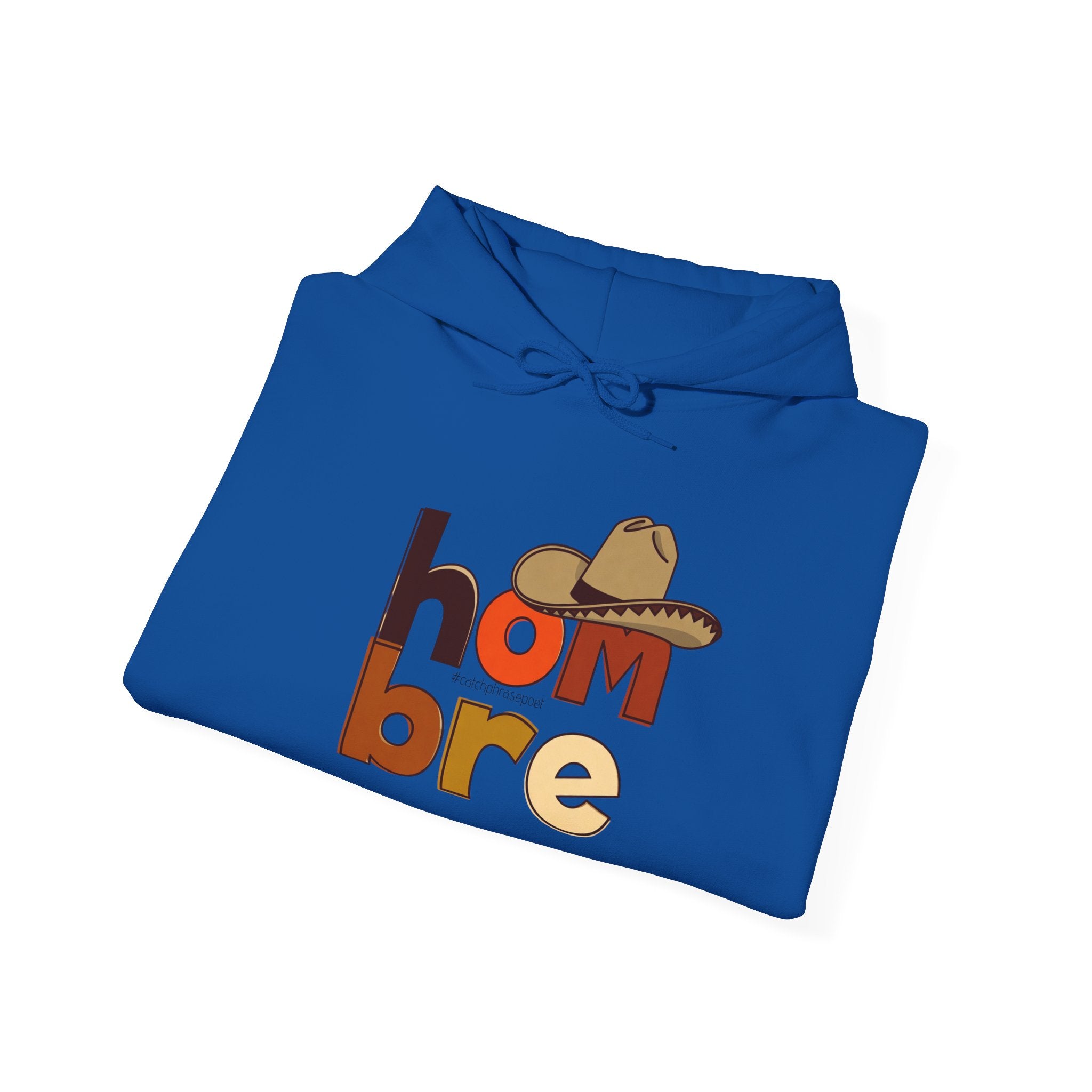 Folded blue hoodie with 'hombre' text and a cowboy hat graphic on the front