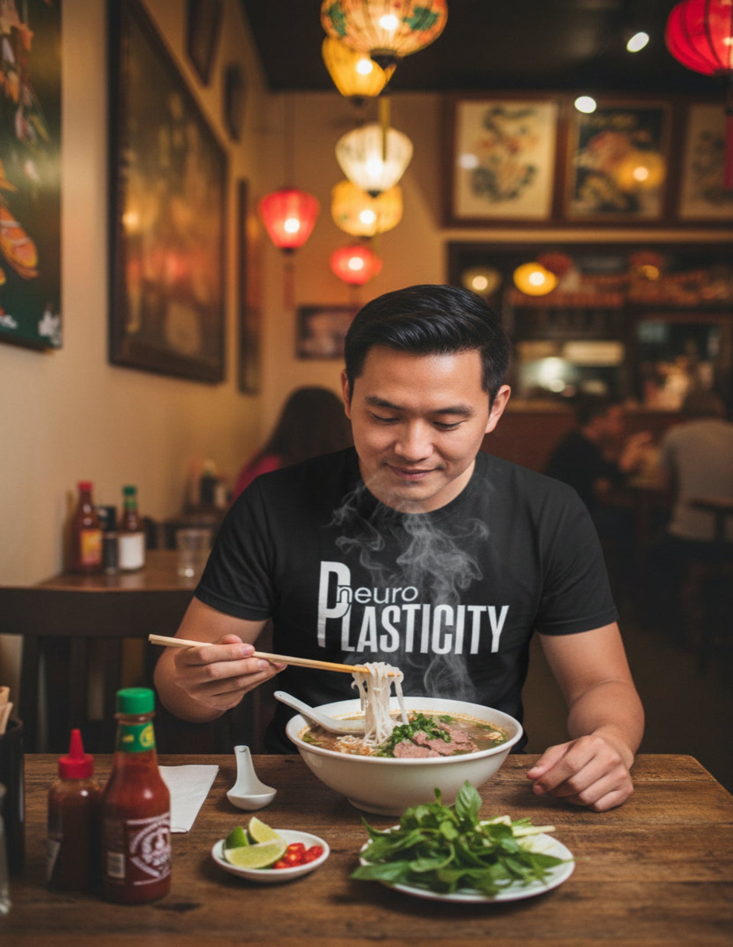 Person wearing a black t-shirt with 'Neuro Plasticity' text on a white background
