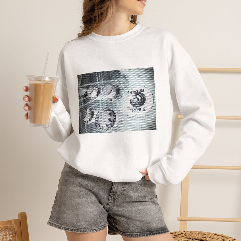 Guitar audio knobs crewneck, lifestyle view