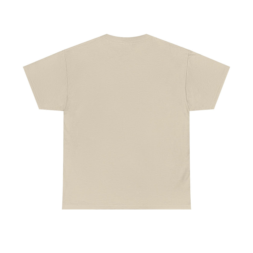 Back view of plain beige unisex short sleeve t-shirt on white background