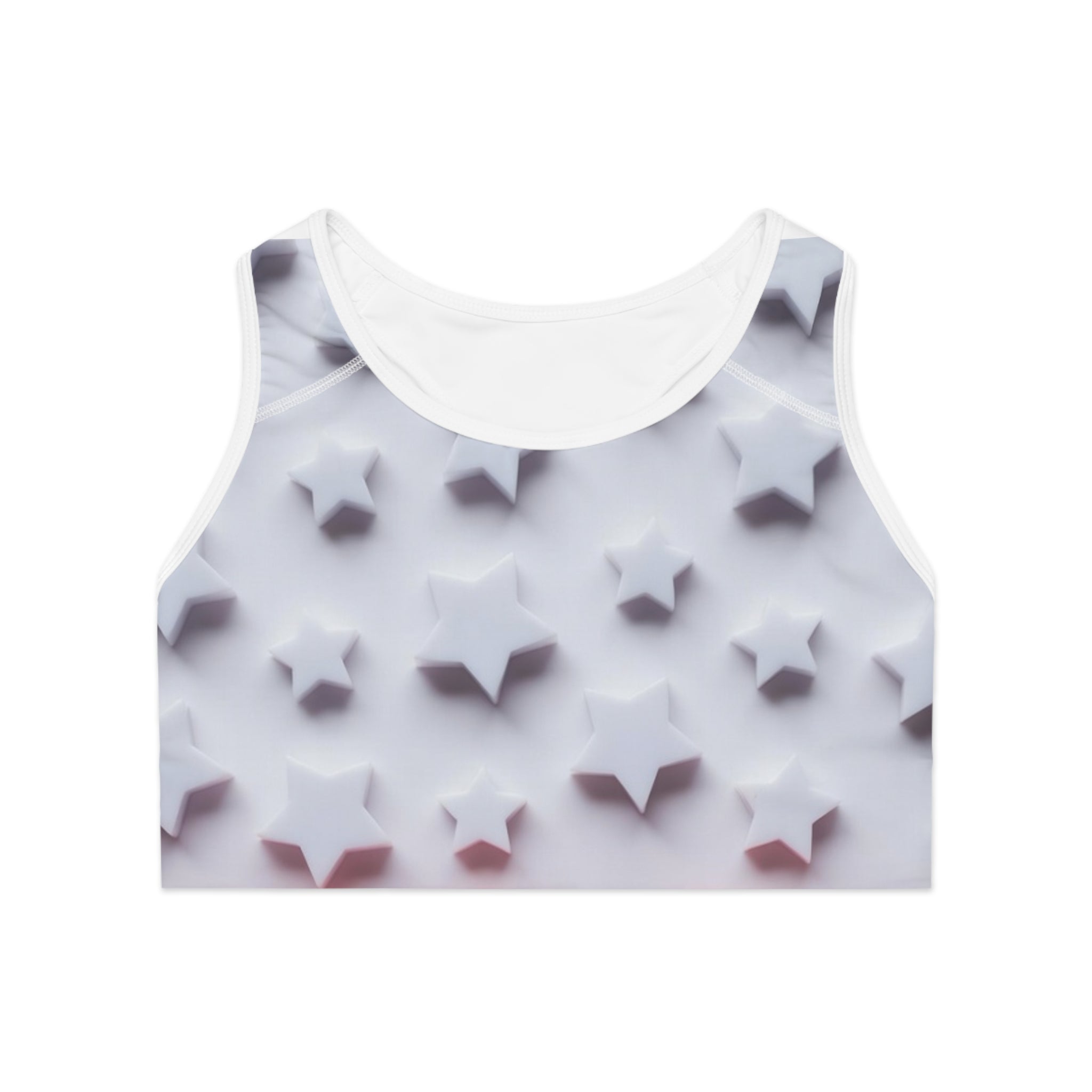 White crop top with 3D star pattern, creative and modern women's activewear