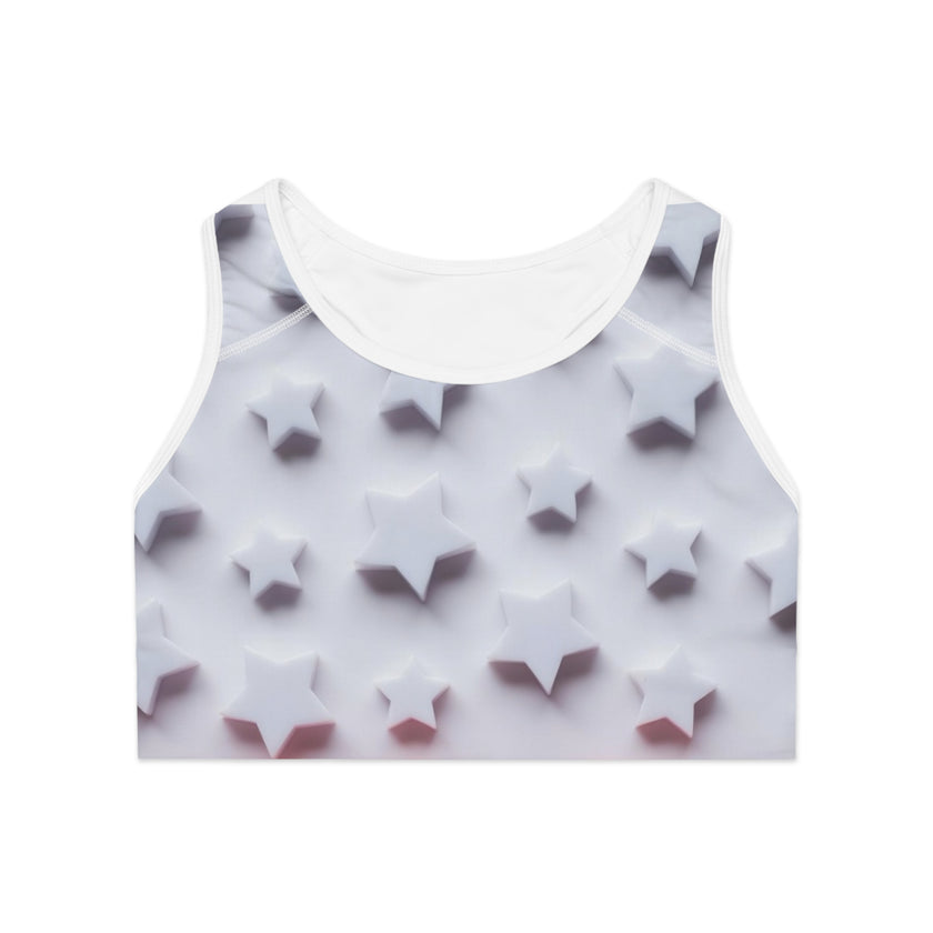 White crop top with 3D star pattern, creative and modern women's activewear