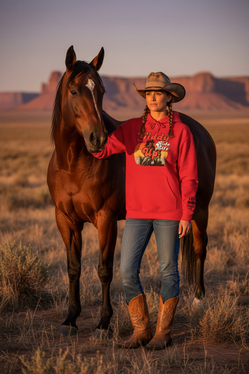 Giddy Up Retro Sunset Cowboy Hoodie | Ride Life Western Graphic