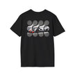 Black t-shirt with graphic of a white sports car and abstract circular patterns on the back.