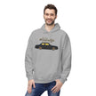 Man wearing grey hoodie with #VolvoLife Swedish Brick car graphic print