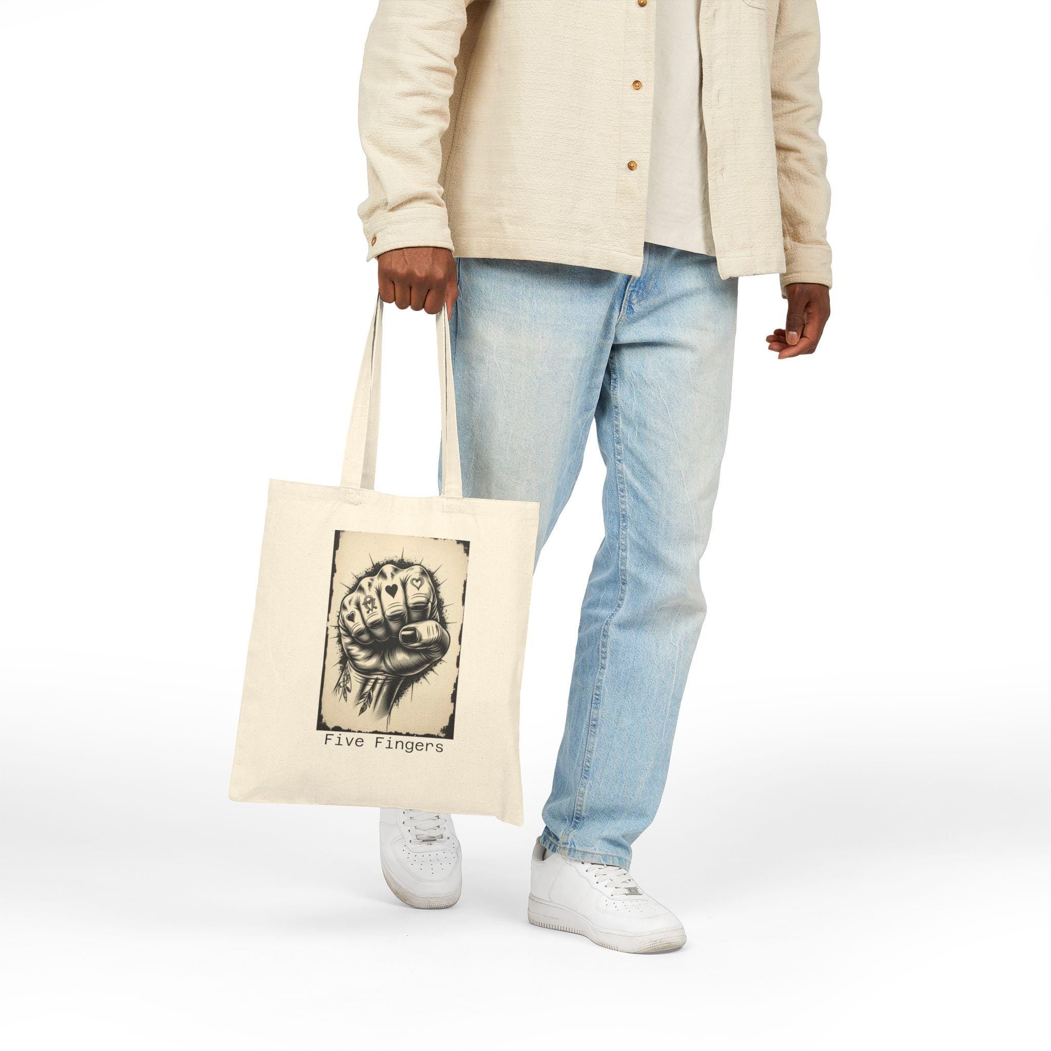 Hand Drawn 'Five Fingers' Cotton Canvas Tote Bag