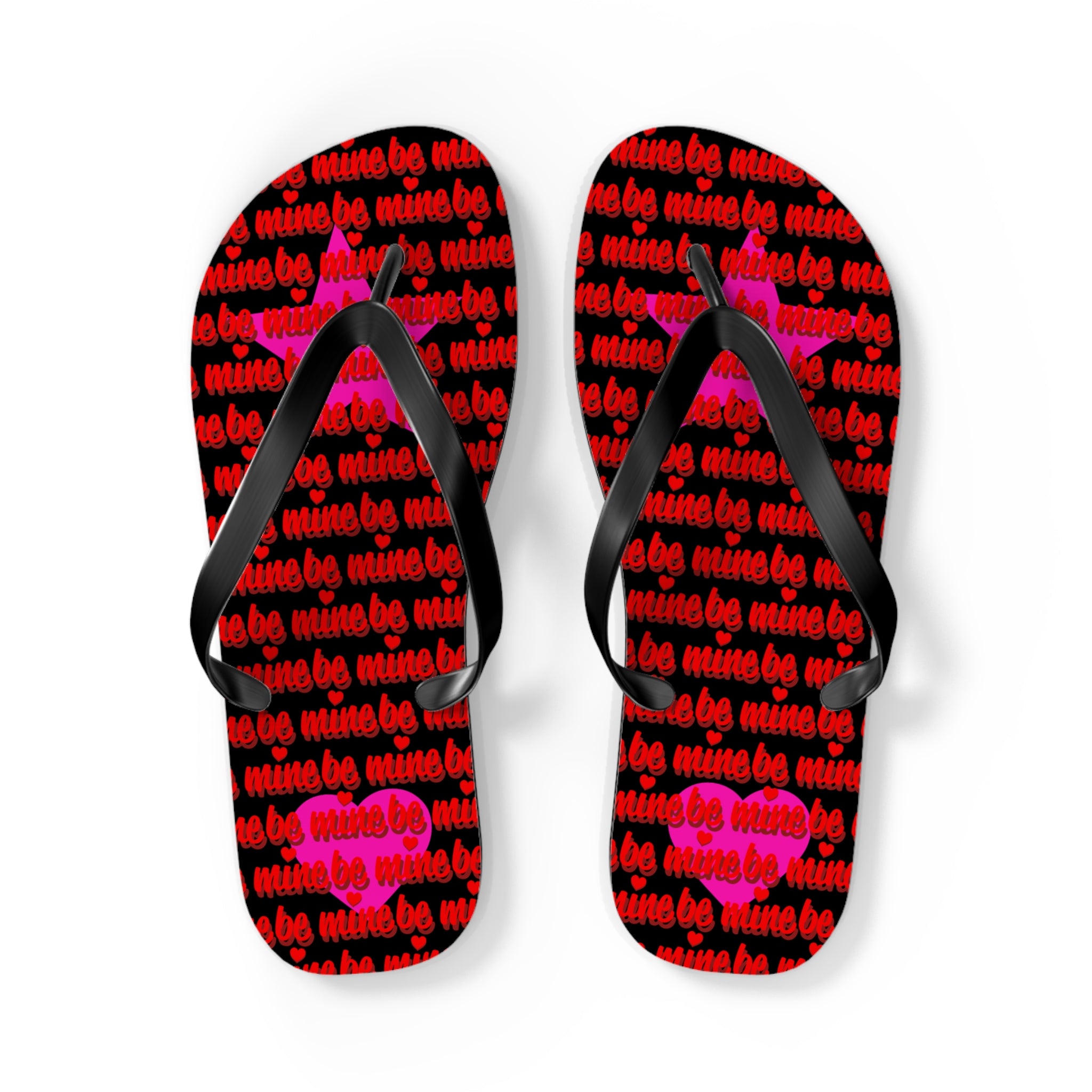 Flip-flops with 'be mine' text and heart designs on a white background