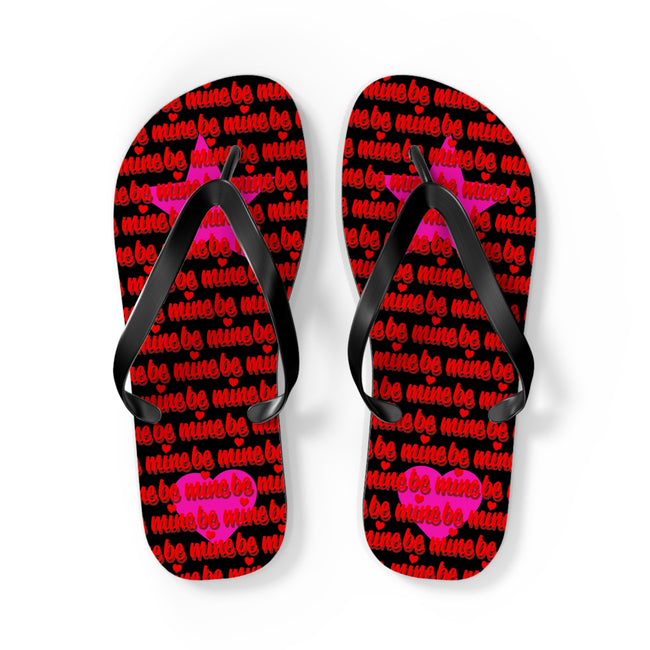 Flip-flops with 'be mine' text and heart designs on a white background