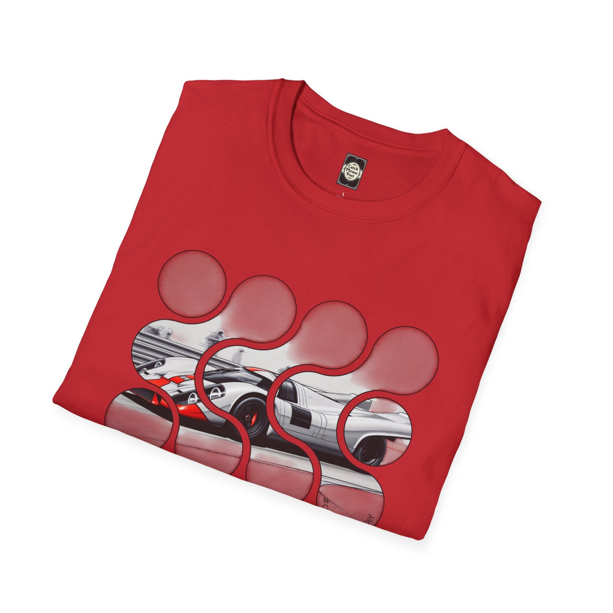 Red graphic t-shirt with abstract pattern and sports car print, folded neatly