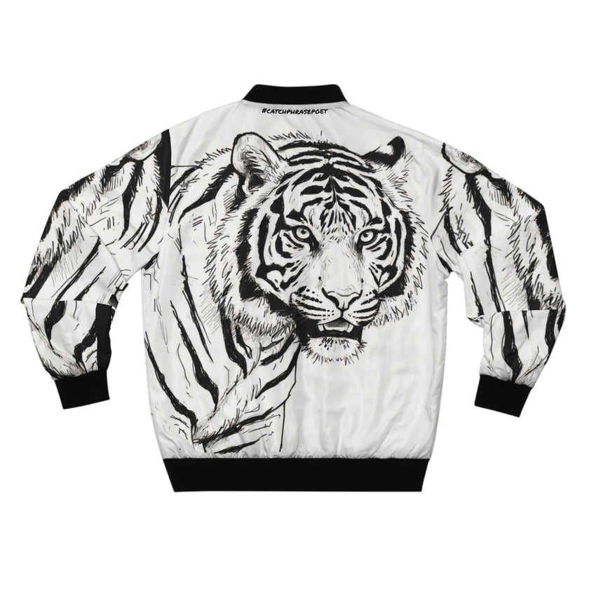 Tiger bomber jacket worn as a statement streetwear layering piece — Catch Phrase Poet