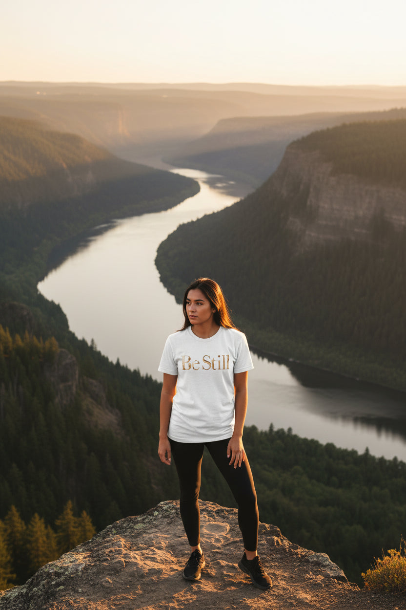 White t-shirt with 'Be Still' text in gold on a white background