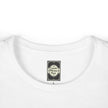 Closeup of white t-shirt collar with 'Catch Phrase Poet' clothing label, size L.