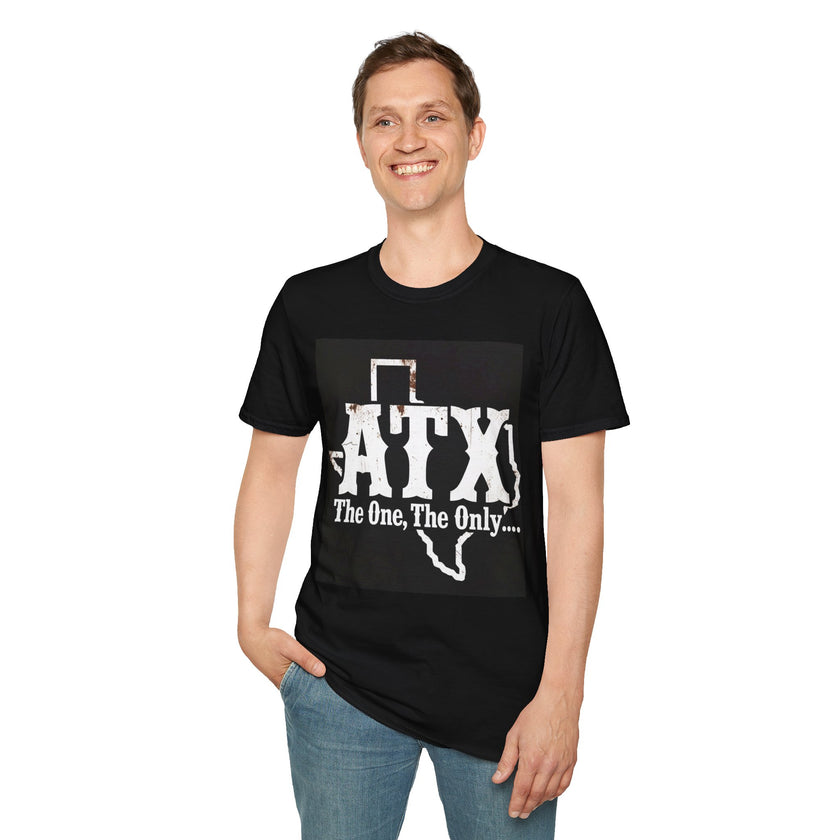 Smiling man wearing a black ATX Texas graphic t-shirt with slogan, casual style