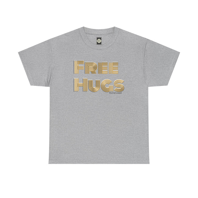 Free Hugs Tee | Retro Gold Stripe Text, Casual Comfort Shirt Smile Everyone