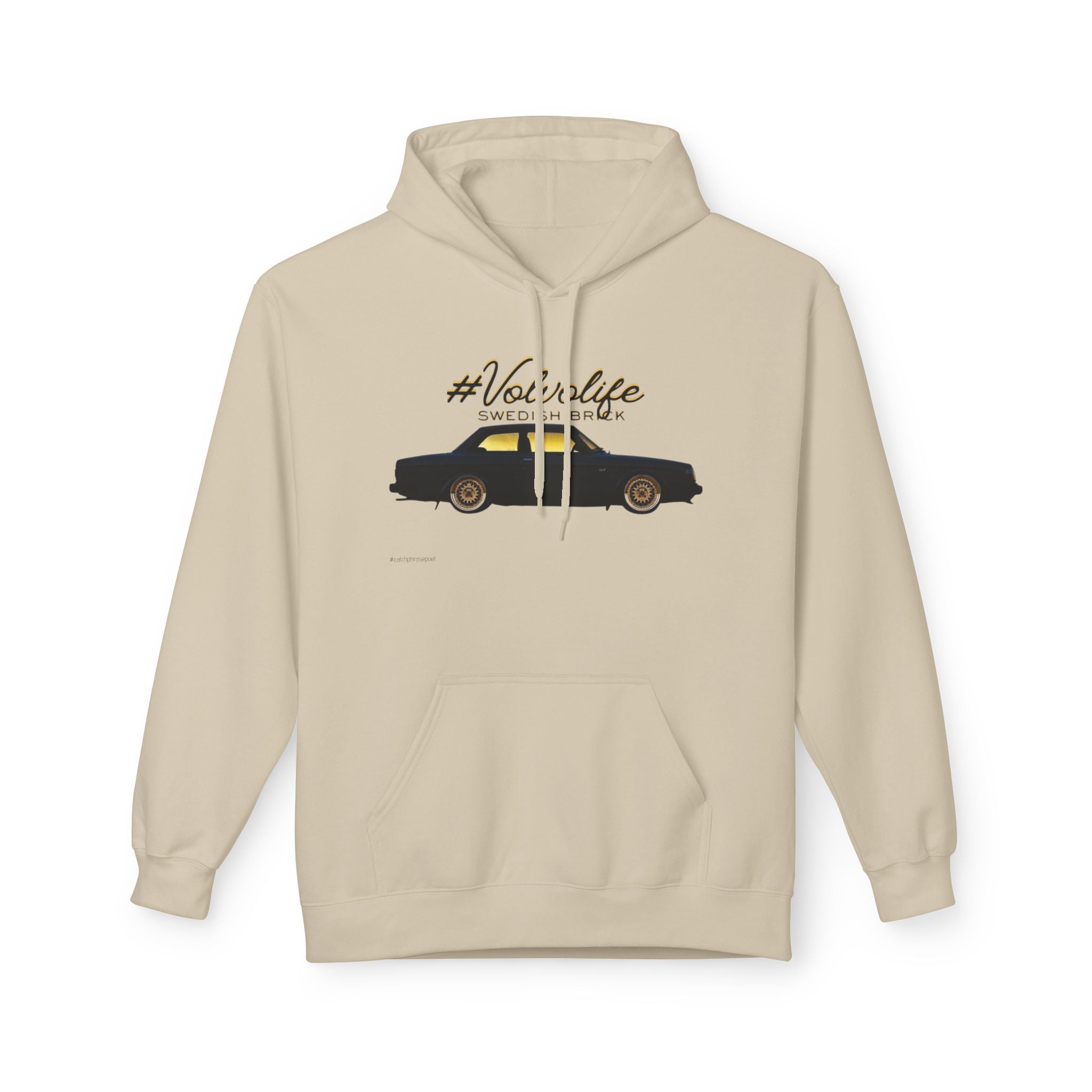 Beige hoodie featuring a black car graphic and hashtag 'Volvo life Swedish Brick' text