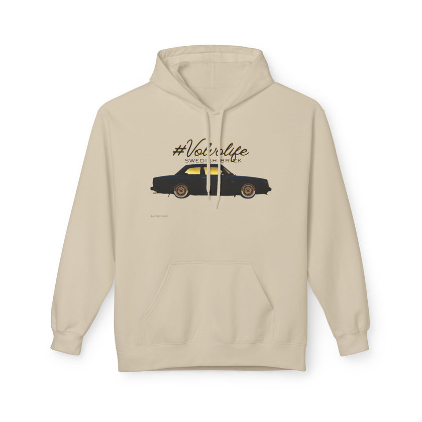 Beige hoodie featuring a black car graphic and hashtag 'Volvo life Swedish Brick' text