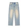 Light blue sun-faded wide-leg denim jeans with worn thighs, distressed pockets, and a frayed raw hem — Catch Phrase Poet