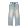 Light blue sun-faded wide-leg denim jeans with worn thighs, distressed pockets, and a frayed raw hem — Catch Phrase Poet