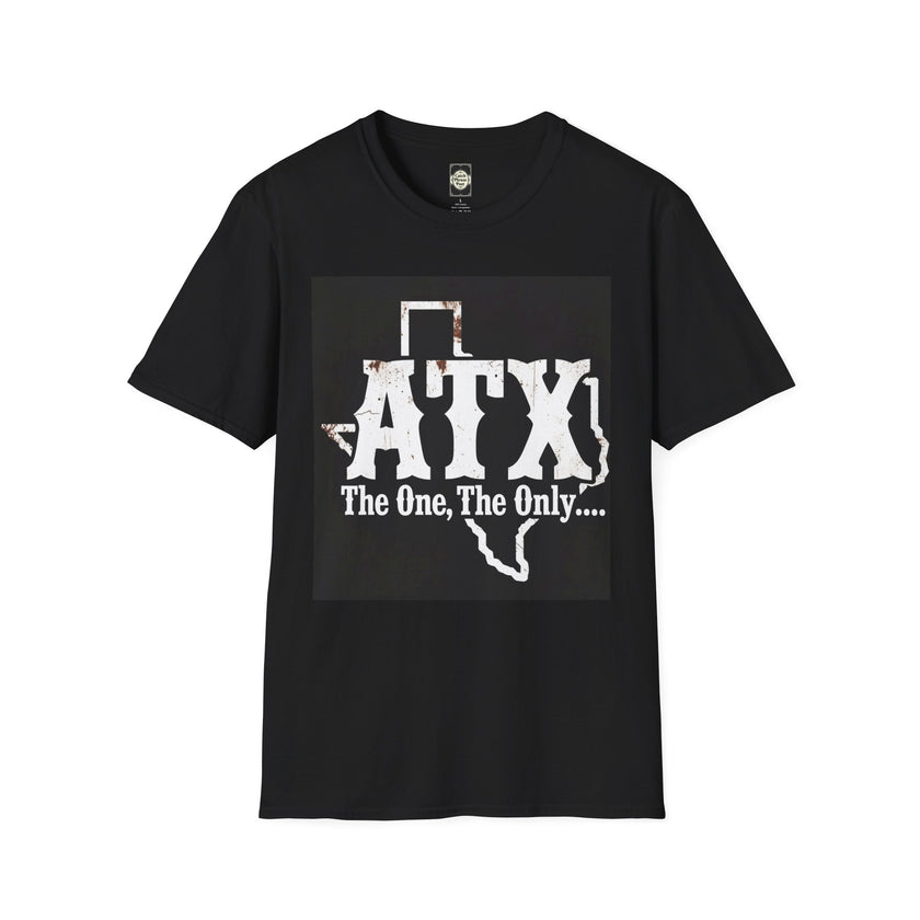 Black T-shirt featuring ATX and Texas outline graphic with 'The One, The Only....' text.