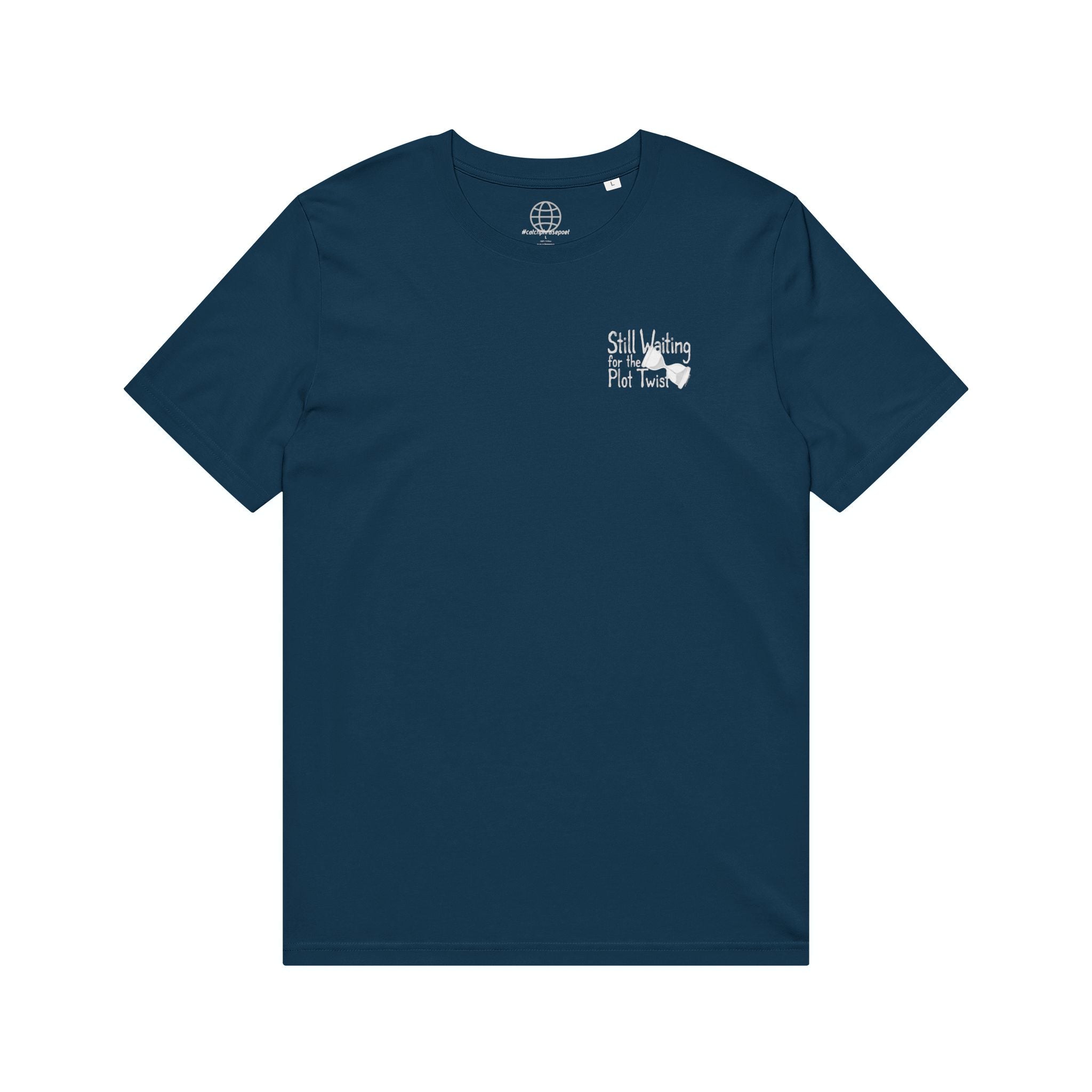 Navy blue t-shirt with 'Still Waiting for the Plot Twist' text and bow graphic on chest
