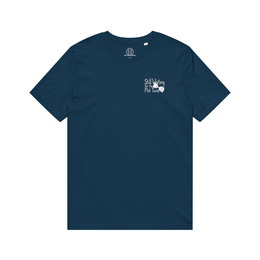 Navy blue t-shirt with 'Still Waiting for the Plot Twist' text and bow graphic on chest