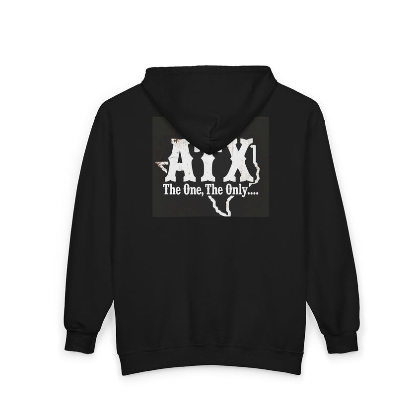Black hoodie with Texas outline, bold 'ATX' text, and 'The One, The Only...' on back