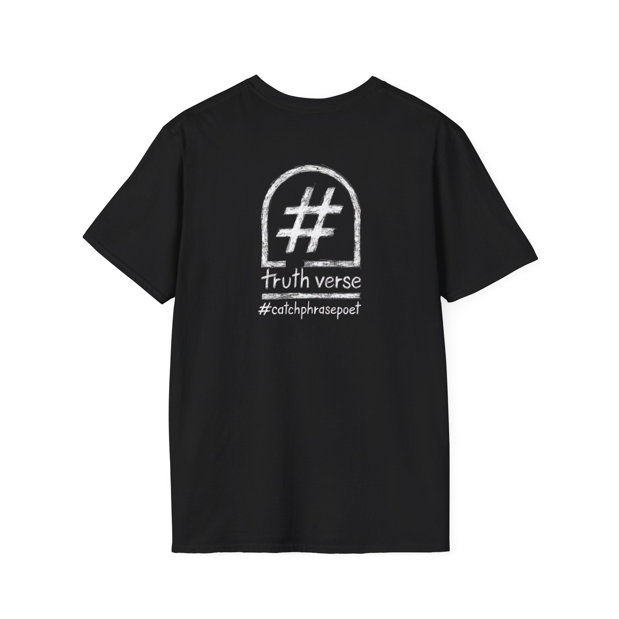 Black t-shirt with chalk-style hashtag, 'truth verse,' and '#catchphrasepoet' graphic.