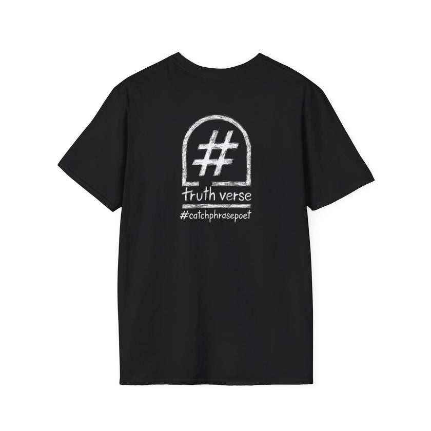 Black t-shirt with chalk-style hashtag, 'truth verse,' and '#catchphrasepoet' graphic.