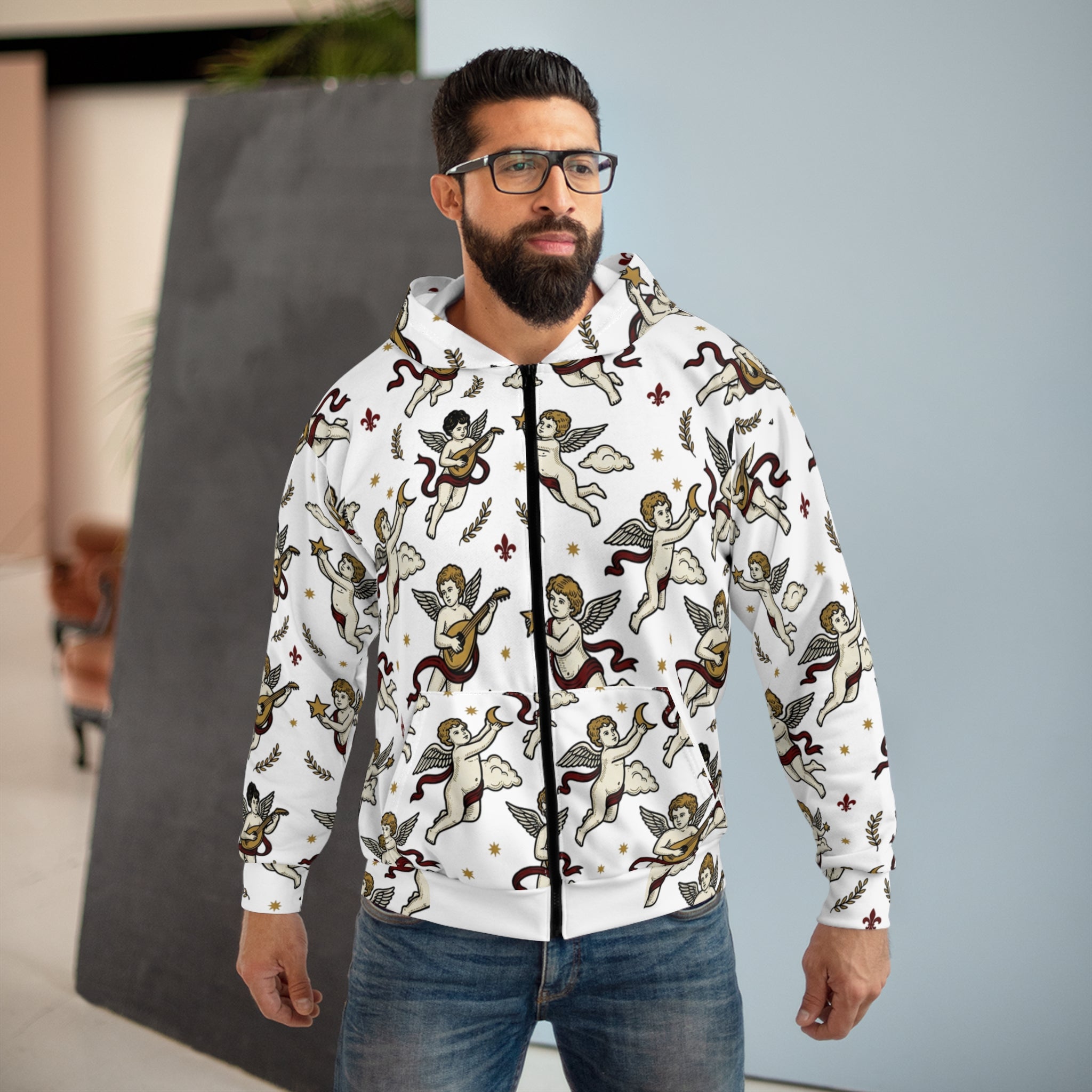 Cherub Pattern Zip Hoodie — All-Over Print Angel Cupid Graphic Hoodie
