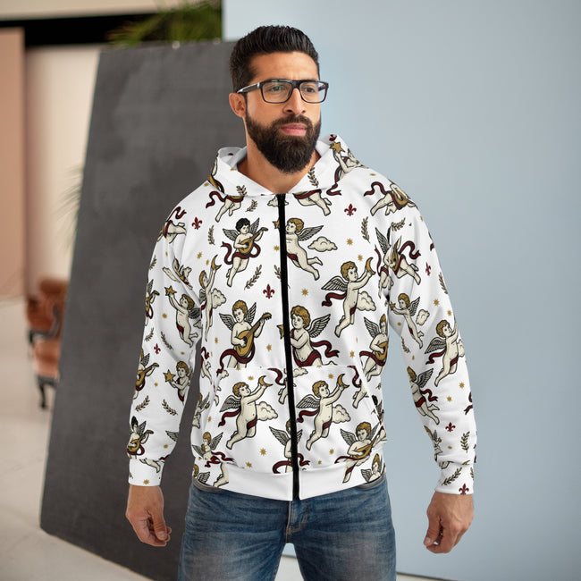 Cherub Pattern All-Over Print Zip Hoodie | Angel Graphic Streetwear