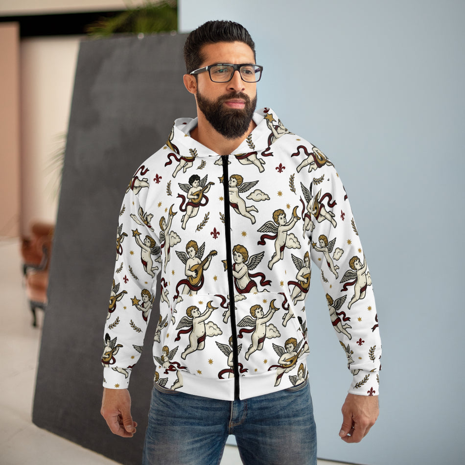 Cherub Pattern Zip Hoodie — All-Over Print Angel Cupid Graphic Hoodie