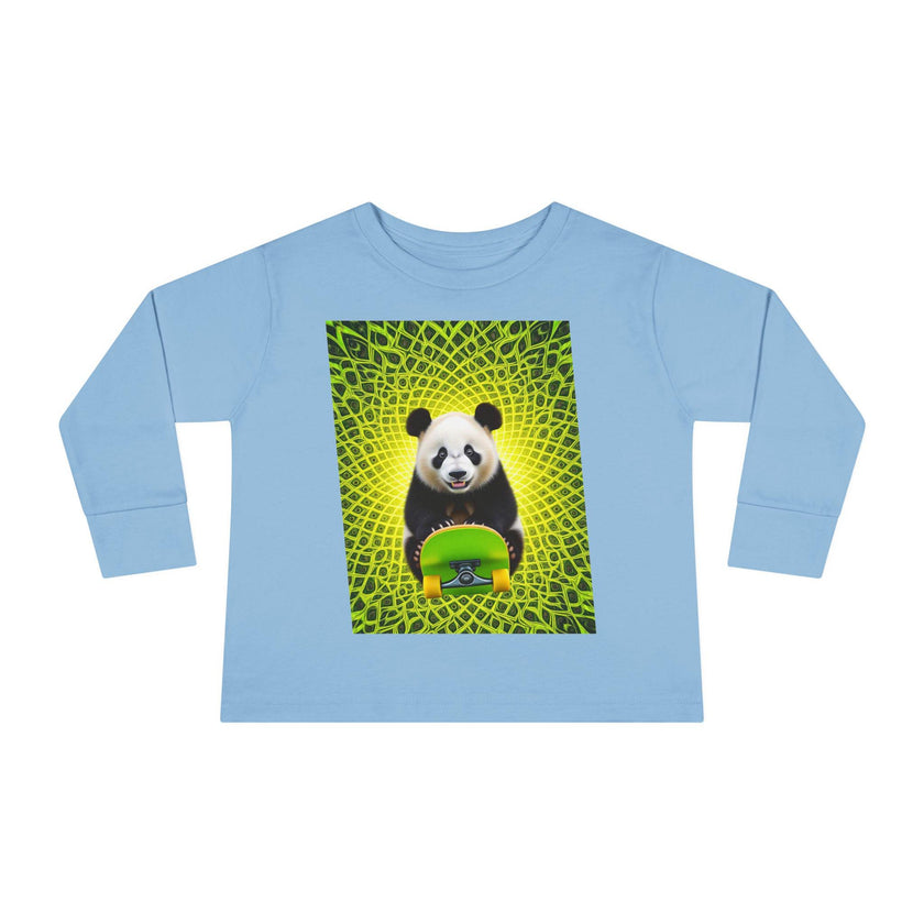 Light blue shirt with kawaii panda holding green skateboard, geometric yellow background