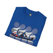 Blue graphic tee with abstract cutout circles revealing a vintage race car design.