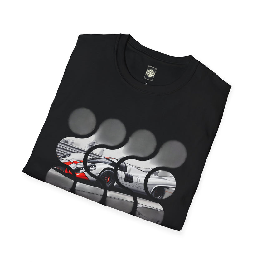Folded black t-shirt with abstract circles and a race car graphic on the front