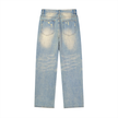 Vintage-wash light blue raw hem jeans showing faded thighs and lived-in pocket detail — Catch Phrase Poet