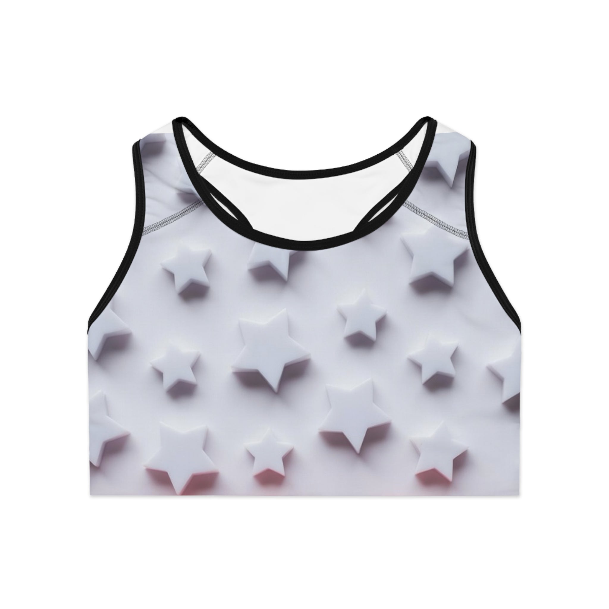 White sports bra with 3D star pattern and black trim, creative activewear top