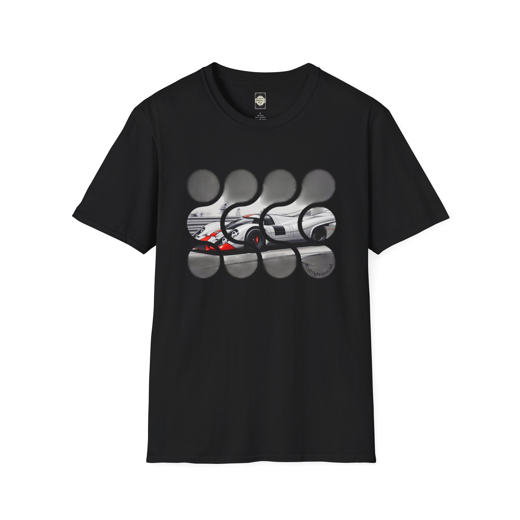 Black t-shirt with abstract race car graphic and bold circular pattern on chest